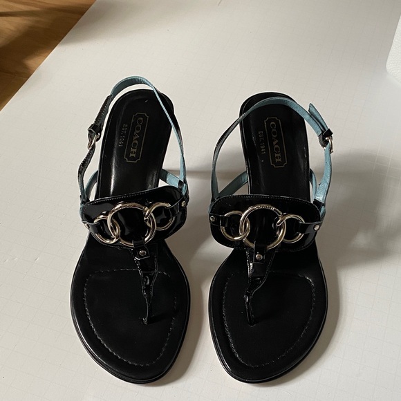 Coach Black Patent Leather T-Strap Sandals with Light Blue Straps - Picture 6 of 6